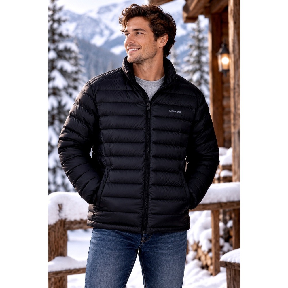 Lands' End Puffer Jacket XL Black Down Quilted Full Zip Lightweight #1540